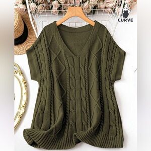 Emery Rose Curve Olive Green V-Neck Cable Knit Sweater